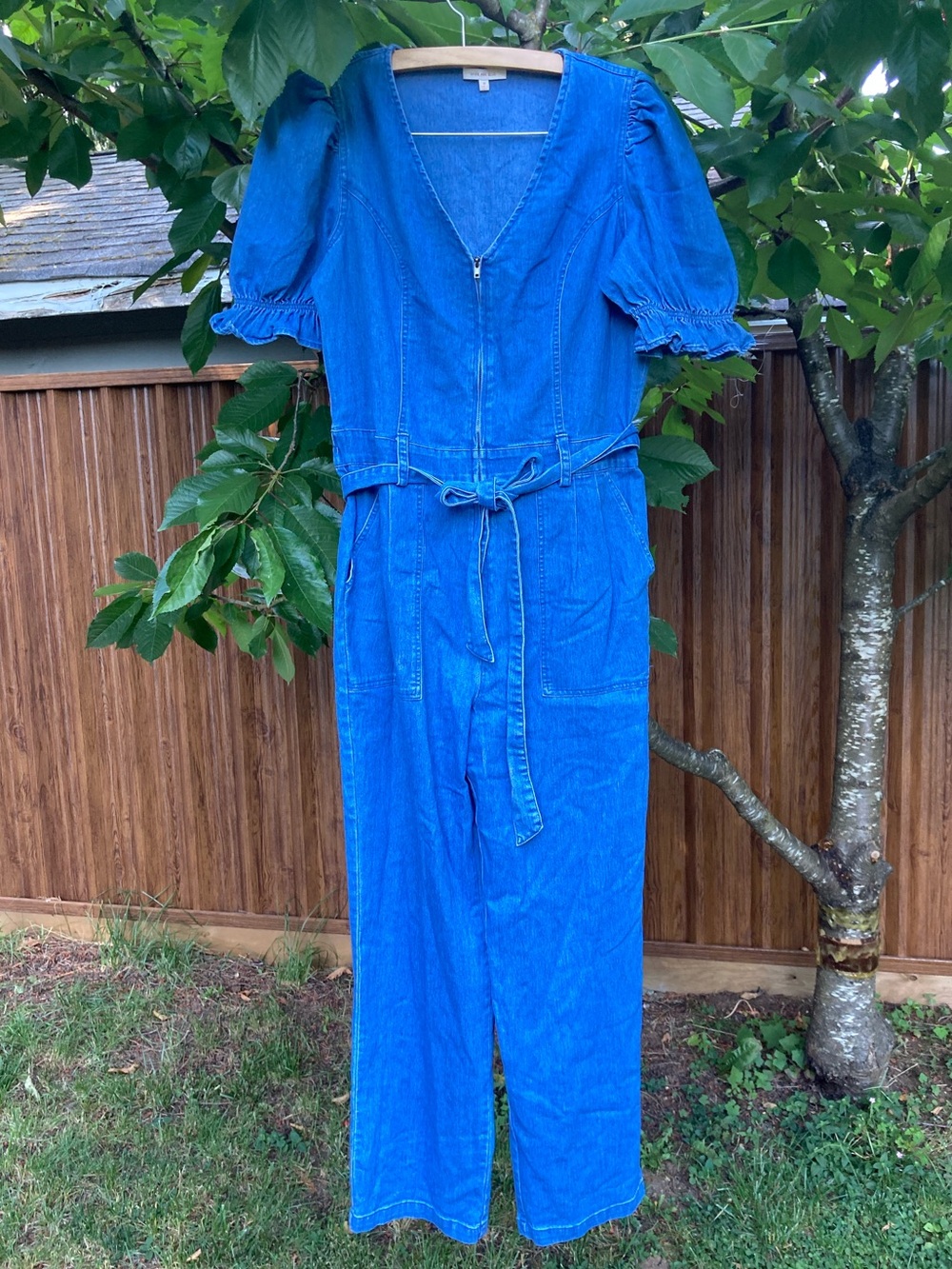 Skies Are Blue Bright Blue Denim Jumpsuit with Puff Sleeves